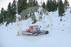 Red pisten bully cleaning snow on winter mountain with pine tree