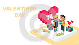 Red pixel heart flower with sweet couple. Love isometric concept. Valentines day