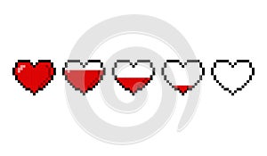 Red pixel hearts with a health scale isolated on white background. Pixel game 8 bit health heart life bar icons. Gaming