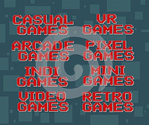 Red pixel retro different text for video games set