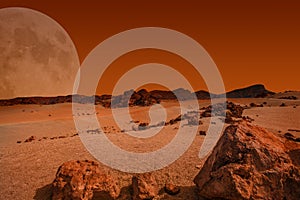 Red planet with arid landscape, rocky hills and mountains