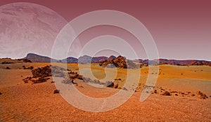 Red planet with arid landscape, rocky hills and mountains, and a giant Mars-like moon at the horizon