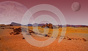 Red planet with arid landscape, rocky hills and mountains, and a giant Mars-like moon at the horizon