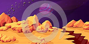Red planet landscape. Mars panorama, martian background with asteroid and planets on sky. Cartoon space fantasy, yellow