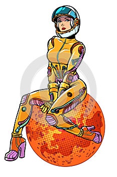 Red planet Mars sexy beautiful woman astronaut isolate on white background