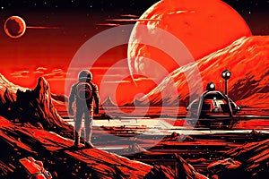 Red planet, space rocket on launch pad. Conquest of other planets, research mission