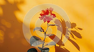 Red plant casting shadows on a yellow wall