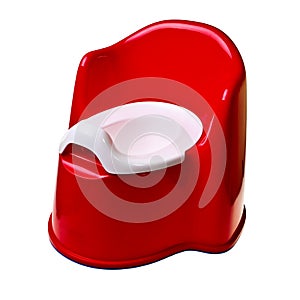 Red plastic baby potty.