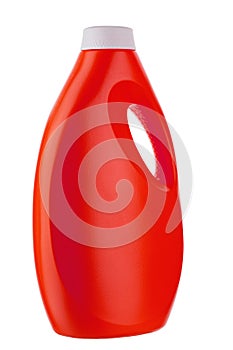 Red plastic bottle for liquid laundry detergent, cleaning agent, bleach or fabric softener isolated on white background