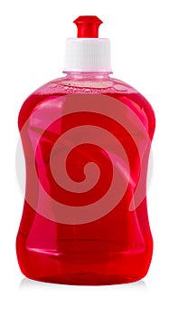 Red plastic bottle with liquid laundry detergent, cleaning agent