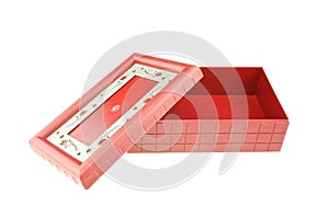 Red plastic box open and empty isolated