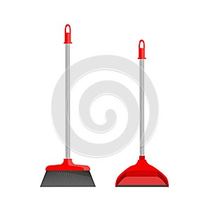Red plastic broom and dustpan isolated on white background.