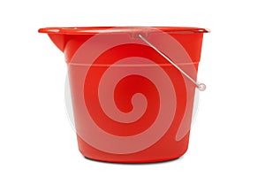 Red Plastic Bucket Used for Cleaning on a White Background