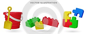 A red plastic bucket and a yellow shovel, building blocks, puzzle 3d kids toys. Vector illustration. Toy plastic bucket