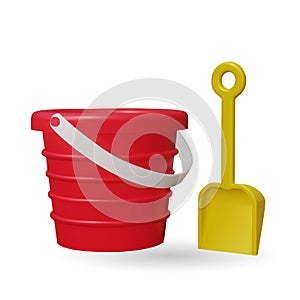 A red plastic bucket and a yellow shovel 3d kids toys. Vector illustration. Toy plastic bucket and a yellow shovel gift