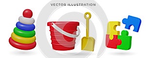 A red plastic bucket and a yellow shovel, pyramid, puzzle 3d kids toys. Vector illustration. Toy plastic bucket, shovel