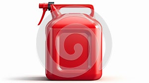 A red plastic canister for liquid fuel, chlorine, motor oil, car lubricant, detergent, isolated on white.