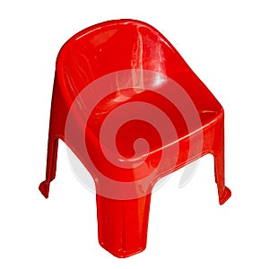 Red plastic chair isolated white background.