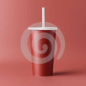 a red plastic cup with a straw is on the left side