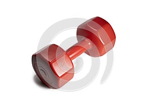 Red Plastic Dumbbell, Isolated On White Surface