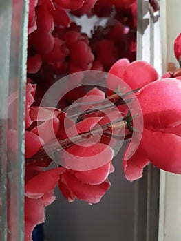 Red Plastic flowers with blur and nice focus