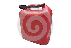 Red plastic gas canister isolated on a white background. Canister for gasoline, diesel and gas. Storage tank. Plastic canister for