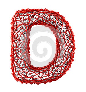 Red plastic letter D with abstract holes. 3d