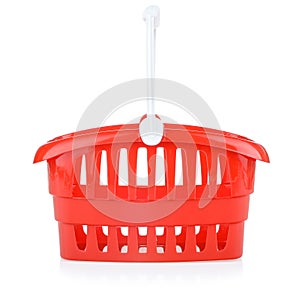 Red plastic shopping basket, isolate on a white background. Children`s food basket for playing. Concept of product purchases,