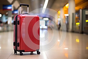 red plastic suitcase for travel in airport at terminal hall