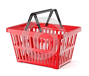 Red plastic supermarket basket with two handles isolated on white background