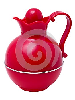 Red plastic thermos jug in the form