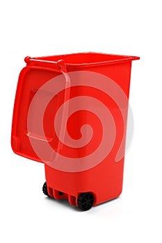 Red Plastic Waste Container Or Wheelie Bin, Isolated On White