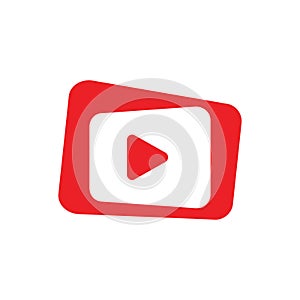 Red play button on white background flat icon, vector