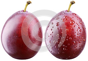 Red plum with drops isolated on white background