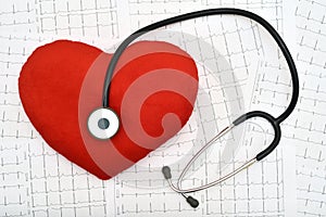 Red plush heart with stethoscope on the cardiogram as a background