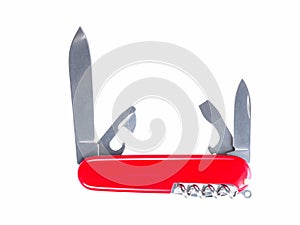 Red pocket folding knife-multitool isolated on white