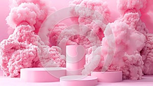 Red podium on cloudy sky 3d render product display with dreamy pastel scene and minimalist design