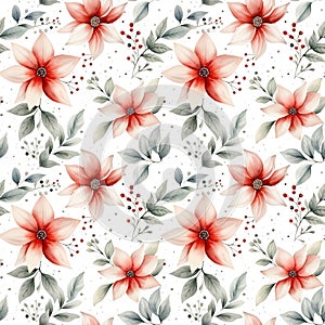 Red Poinsettia Floral Seamless Pattern. Watercolor illustration