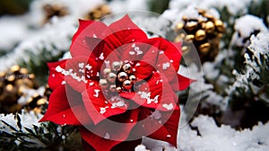 Red Poinsettia flower blooming in winter snow a beautiful Christmas flower