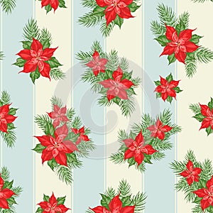 Red poinsettia flower pattern. Seamless christmas background with christmas star. Handmade floral seamless pattern with