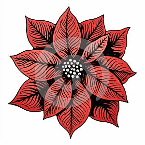 Red Poinsettia Flower Vector - Folklore Inspired Linocut Woodcut Print