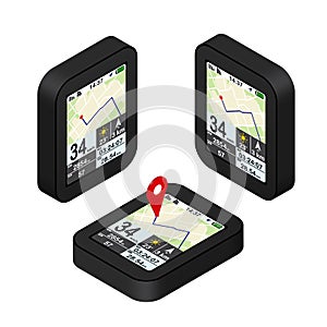 Red pointer on map. GPS navigation concept. Isometric illustration