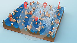 Red pointers, markers on the 3D map navigation. Contour lines on a topographic map. Studying the geography of the area