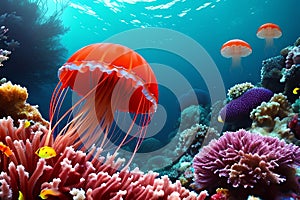 red poisonous jellyfish swim near corals in blue water, background, closeup, Generative AI