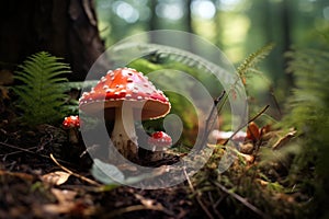 Red poisonous mushroom in a natural forest setting