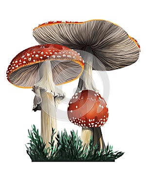 Red poisonous mushrooms id two stages of development