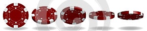 Red poker chips vector. 3D Realistic Set. Flip different angles.