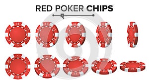 Red Poker Chips Vector. 3D Realistic Set. Plastic Poker Chips Sign On White Background. Flip Different Angles