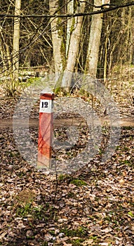 Red pole in the forest marking borders of the territory. Concept