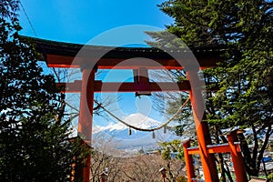 Red pole in path way up to Chureito pagoda fuji mountain viewpoint